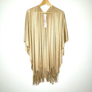 NWT Chicos Peyton Perforated Ruana Cover Arabian Camel One Size Tan Fringe Wrap